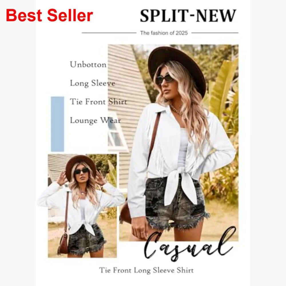 Sparkly Fringe Cropped Button Down Shirt with Rolled 3/4 Sleeves - Picture 4 of 7